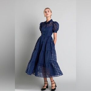 English Factory Gridded Tiered Organza Blue Puff Sleeve Maxi Dress